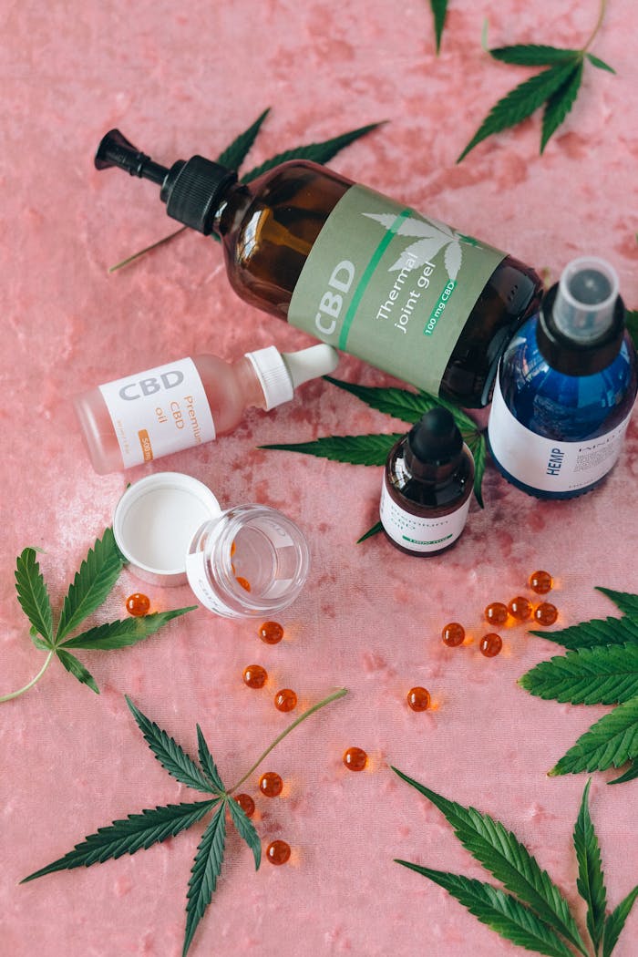 Flat lay of CBD and hemp products with green leaves on pink surface.